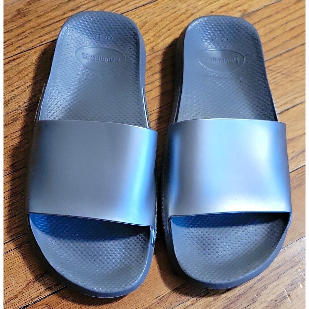 Havaianas Slide Sandals Gray metallic Solid Logo Slip On Unisex US W9/10 M8